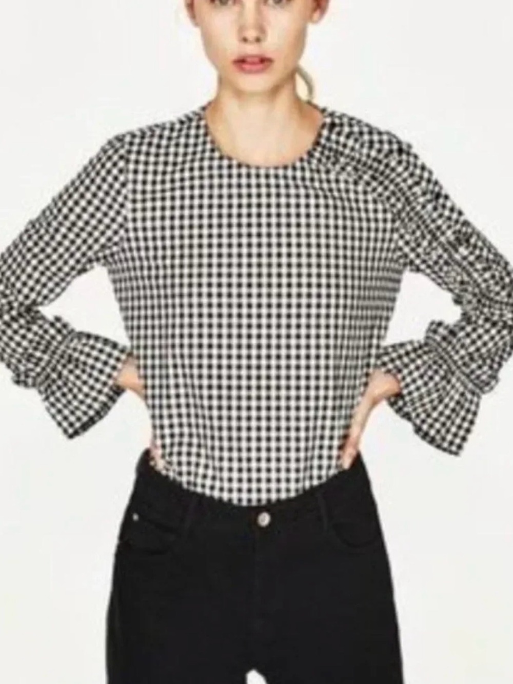 ZARA TRAFALUC Gingham Check Asymmetric Ruffle Sleeve Top Black/White Women's LT